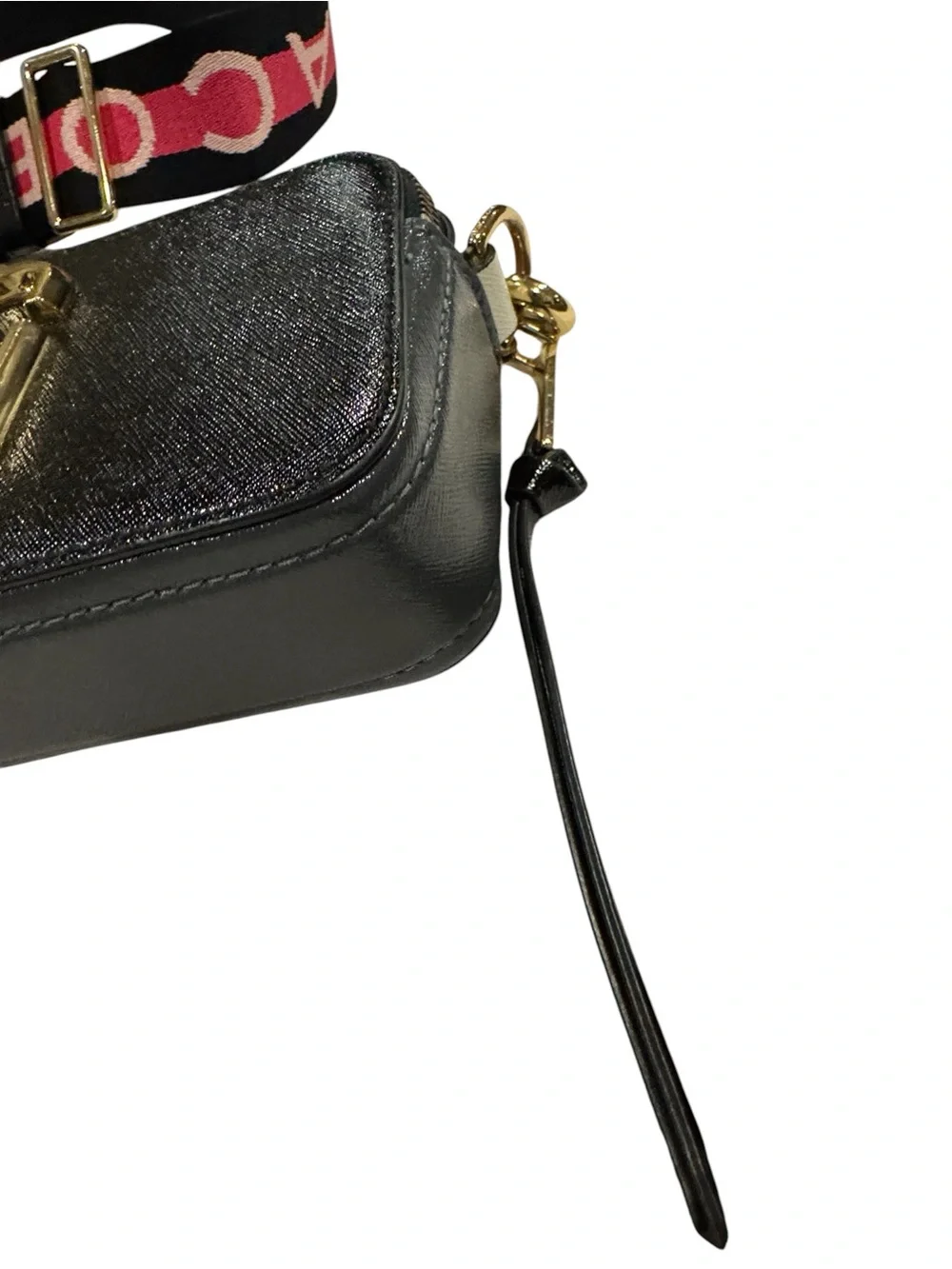 Marc Jacobs Black The Snapshot Crossbody Camera Bag with Pink Accent Strap Auth